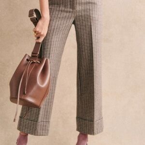 Sezane Cream and Brown Trousers Classic Wide-Leg